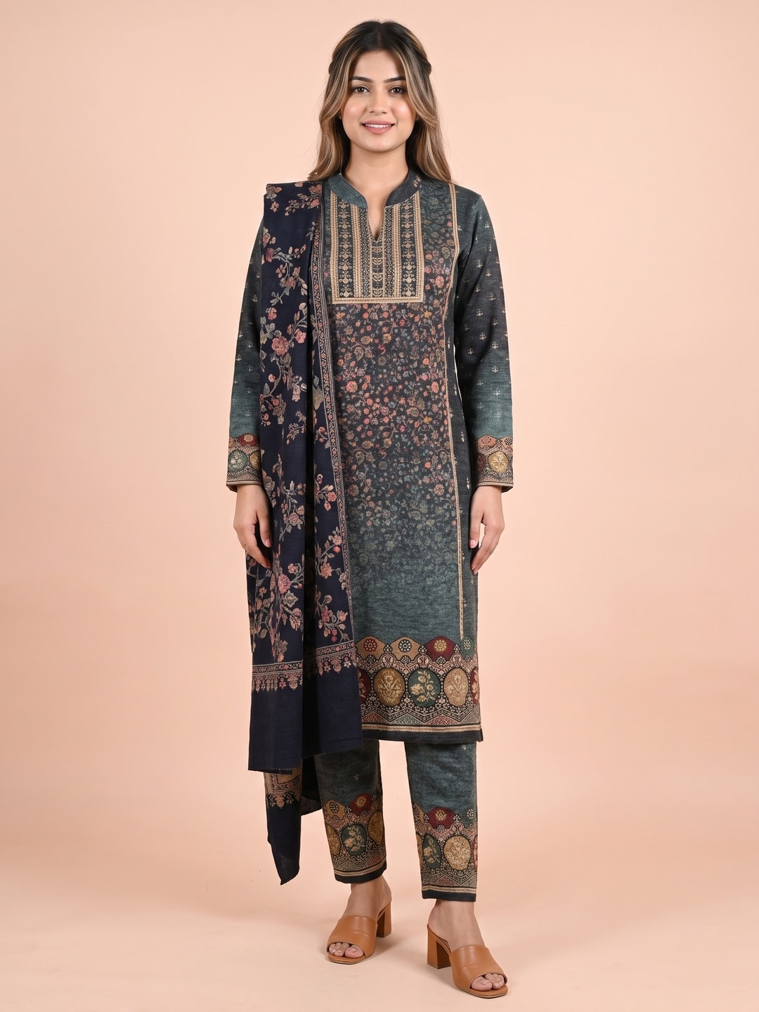 Peachmode Teal Woolen Floral Jaal Print Salwar Suit With Shawl - Image 1