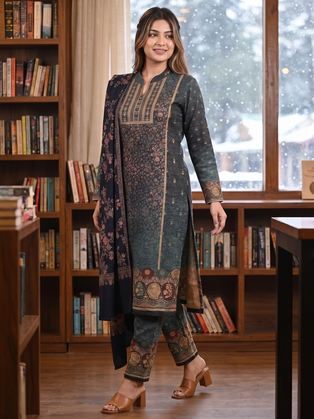Peachmode Teal Woolen Floral Jaal Print Salwar Suit With Shawl - Image 2