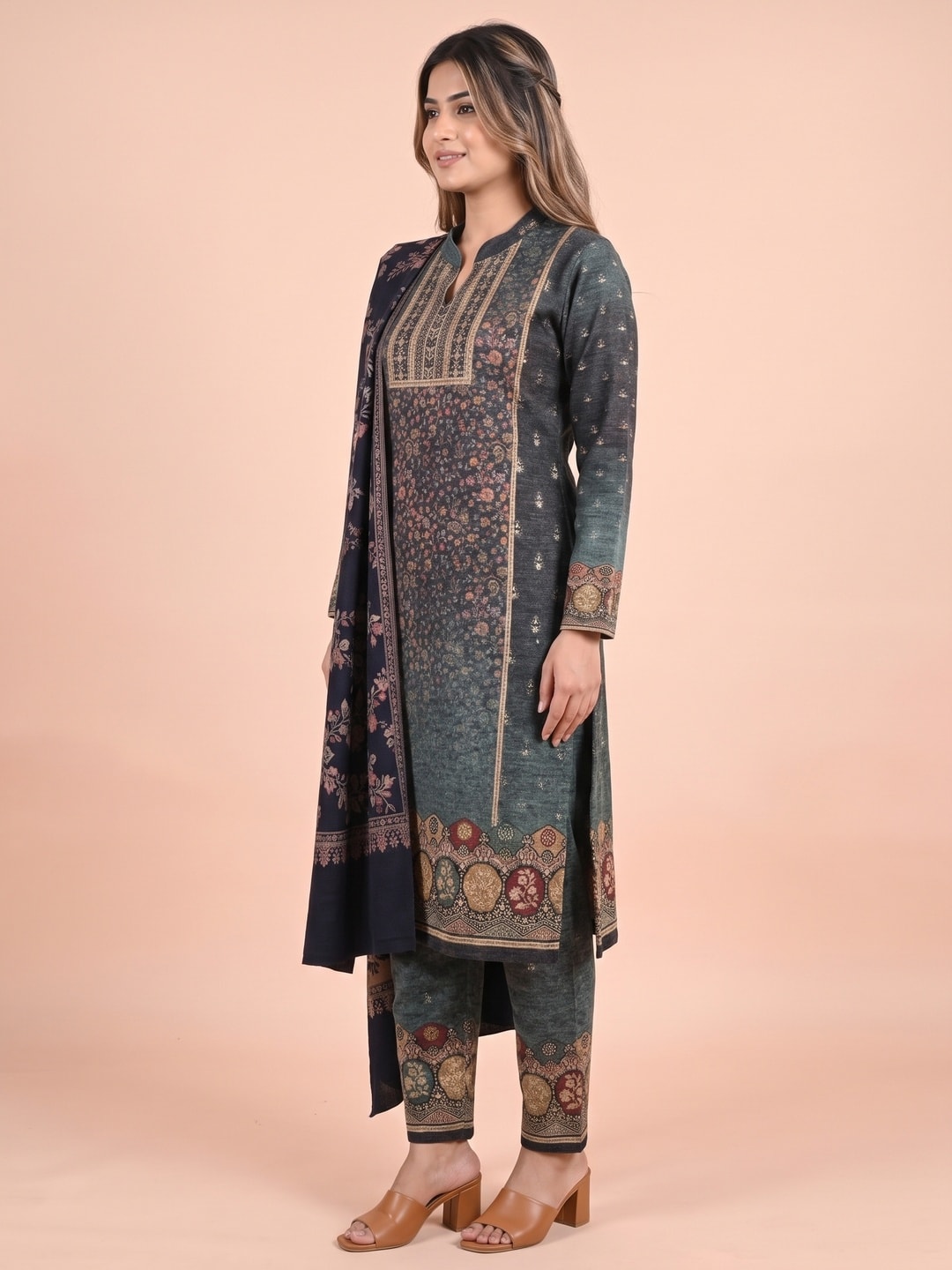 Peachmode Teal Woolen Floral Jaal Print Salwar Suit With Shawl - Image 3