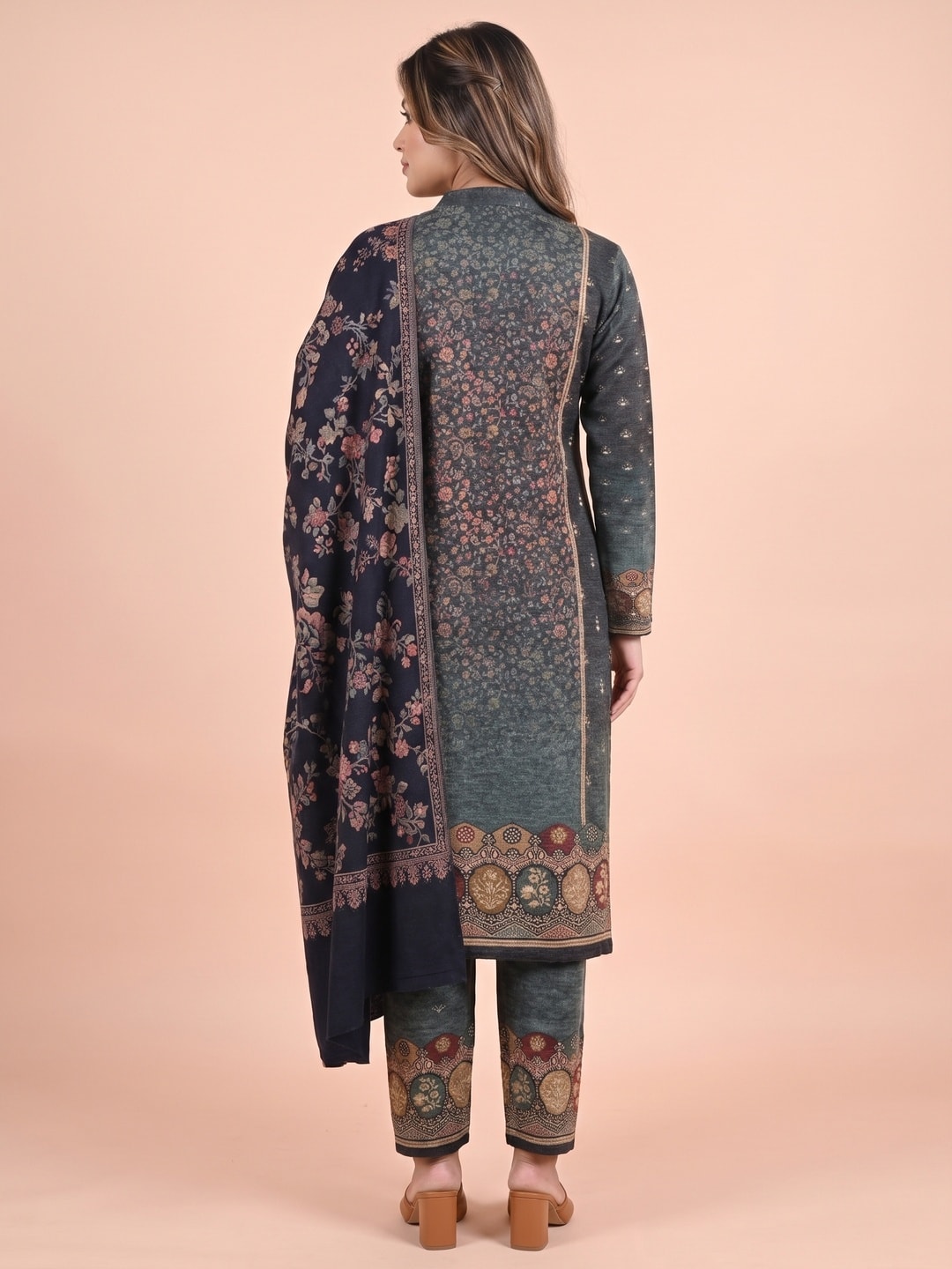 Peachmode Teal Woolen Floral Jaal Print Salwar Suit With Shawl - Image 4