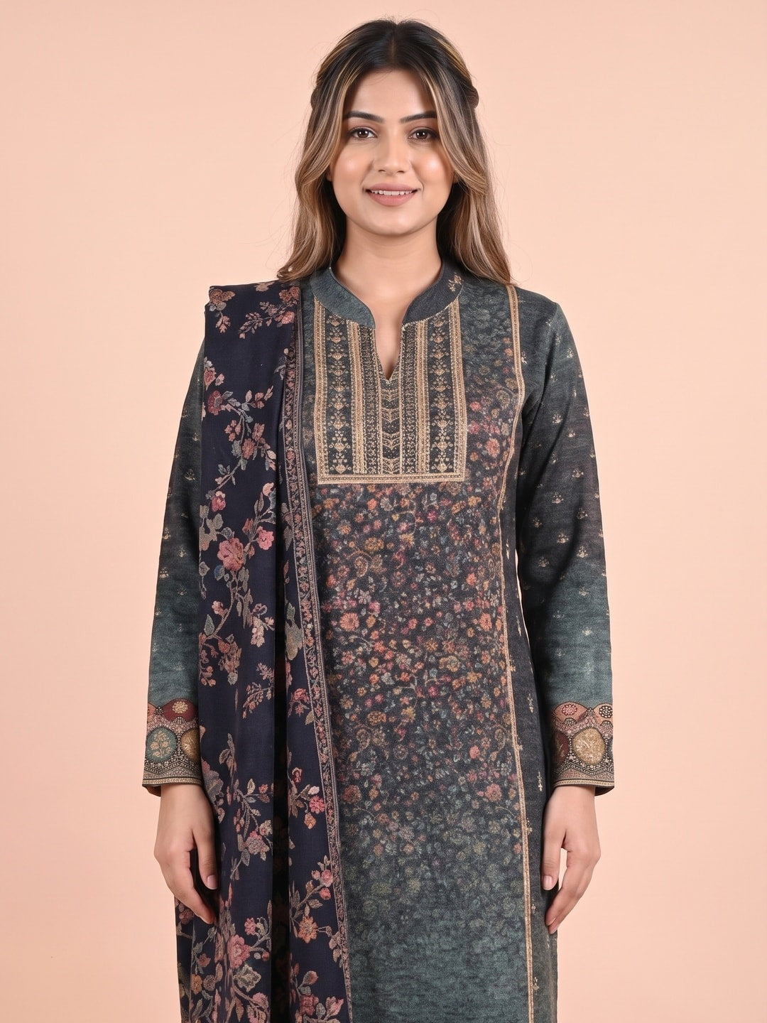 Peachmode Teal Woolen Floral Jaal Print Salwar Suit With Shawl - Image 5