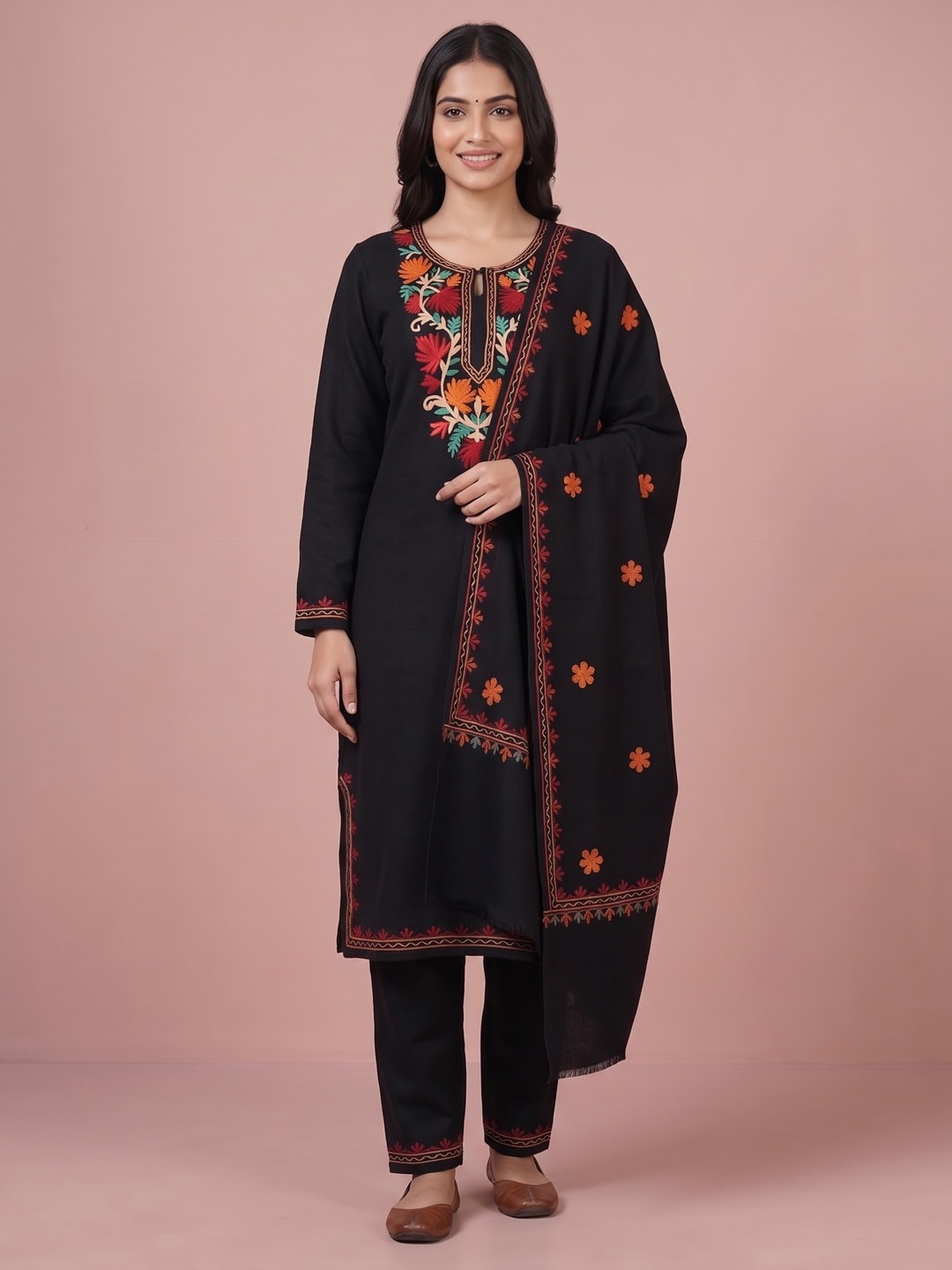 Peachmode Black Woolen Salwar Suit With Floral Embroidery - Image 1