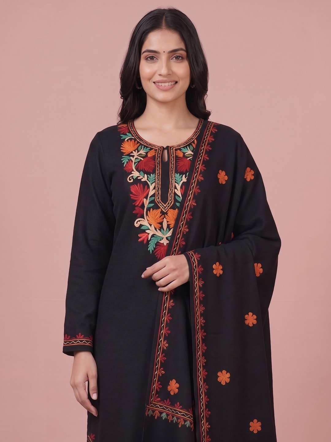 Peachmode Black Woolen Salwar Suit With Floral Embroidery - Image 5