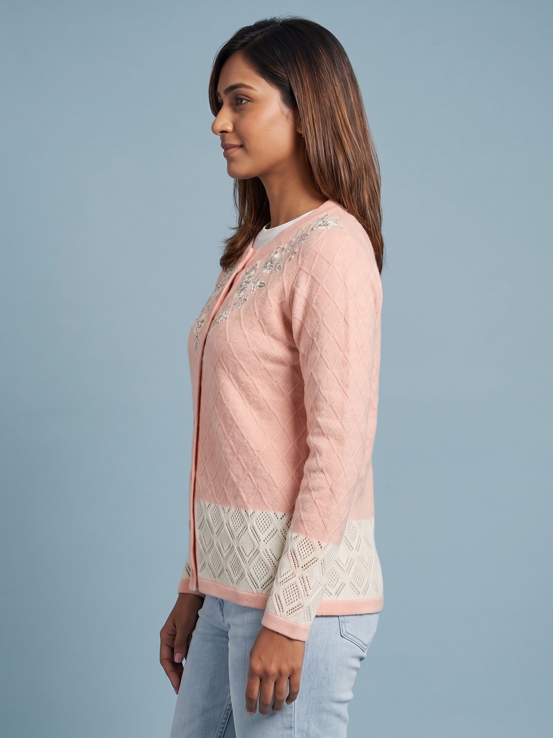 Peachmode Peach Diamond Knit Pearl Yoke Woolen Cardigan - Image 3