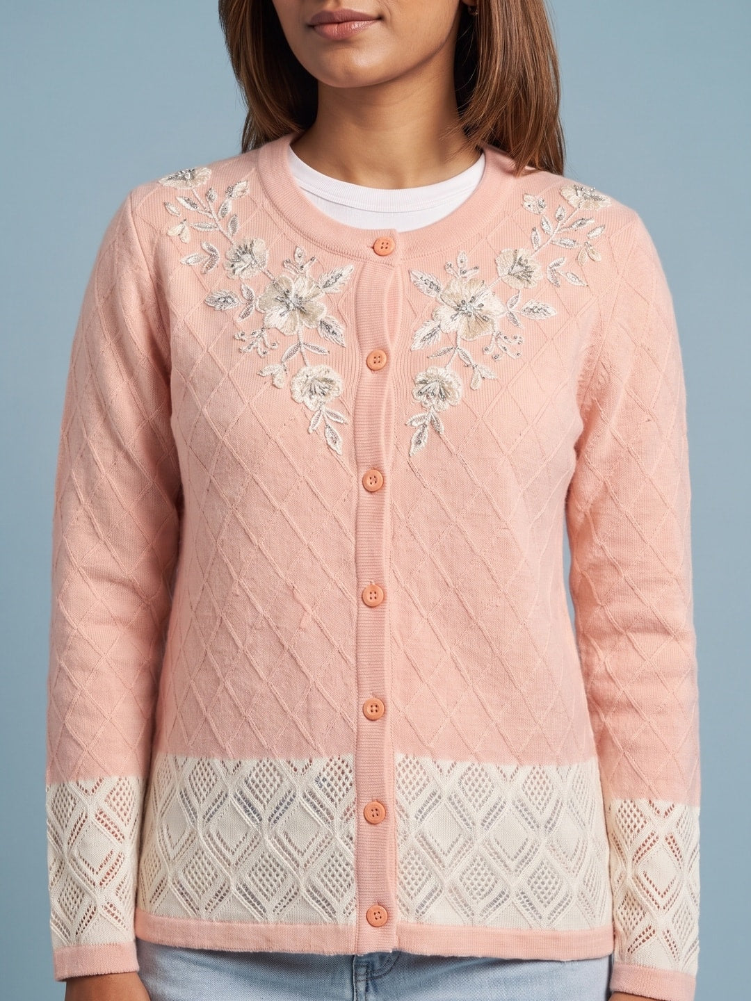 Peachmode Peach Diamond Knit Pearl Yoke Woolen Cardigan - Image 5