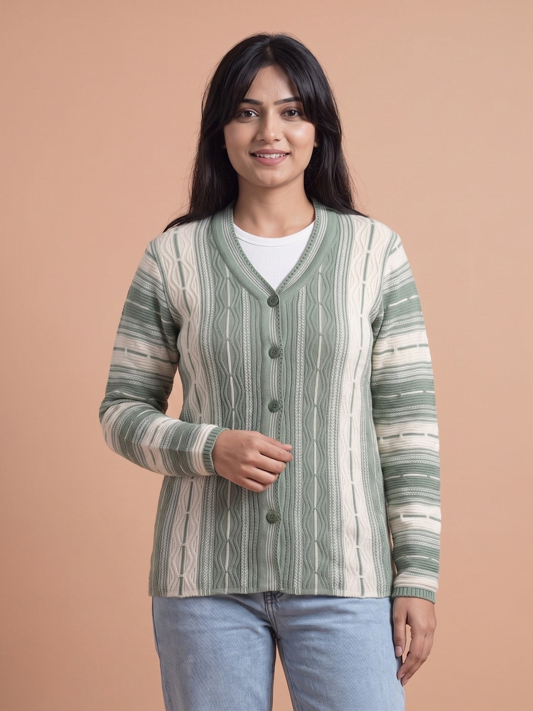 Green Woolen Knit Cardigan - Image 1