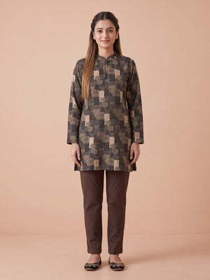 Peachmode Beige Woolen Floral Patchwork Printed Kurti - Image 1