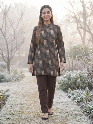 Peachmode Beige Woolen Floral Patchwork Printed Kurti - Image 2
