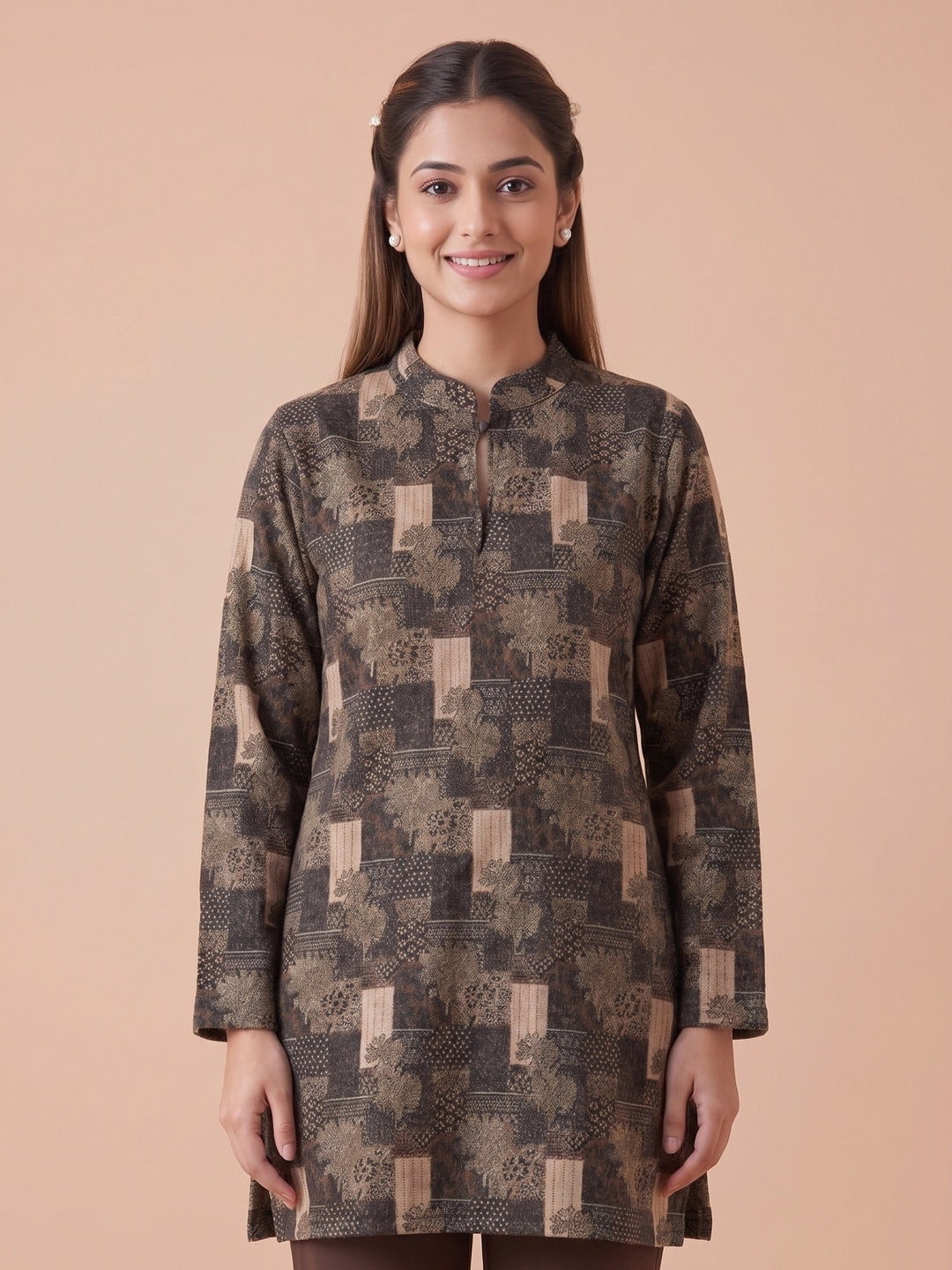 Peachmode Beige Woolen Floral Patchwork Printed Kurti - Image 5