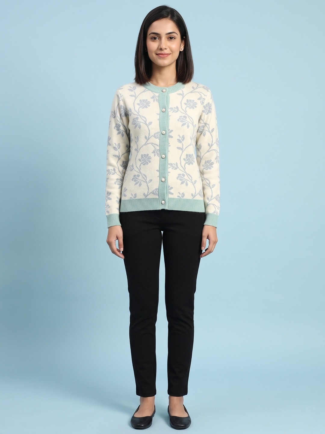 Peachmode Beige Woolen Embroidered Cardigan - Image 1