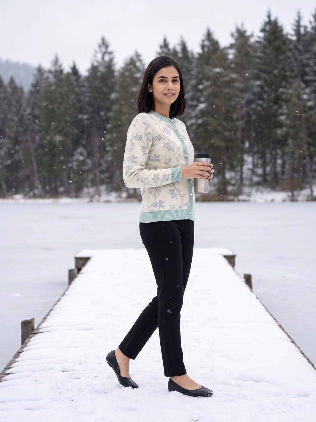 Peachmode Beige Woolen Embroidered Cardigan - Image 2