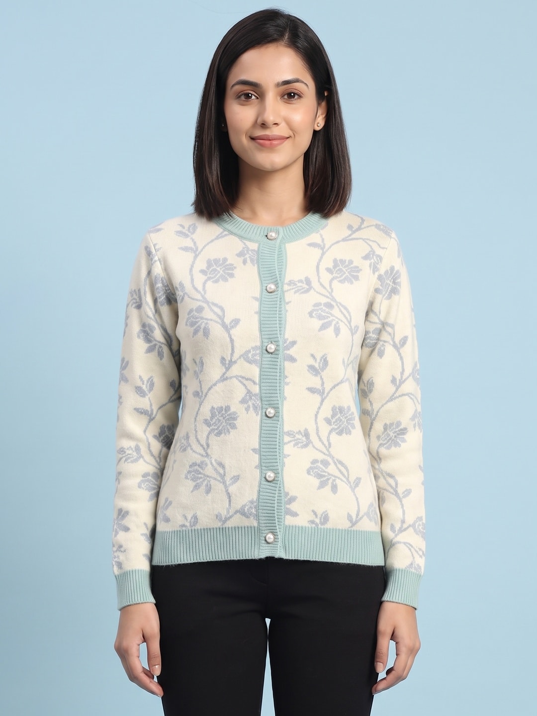 Peachmode Beige Woolen Embroidered Cardigan - Image 5