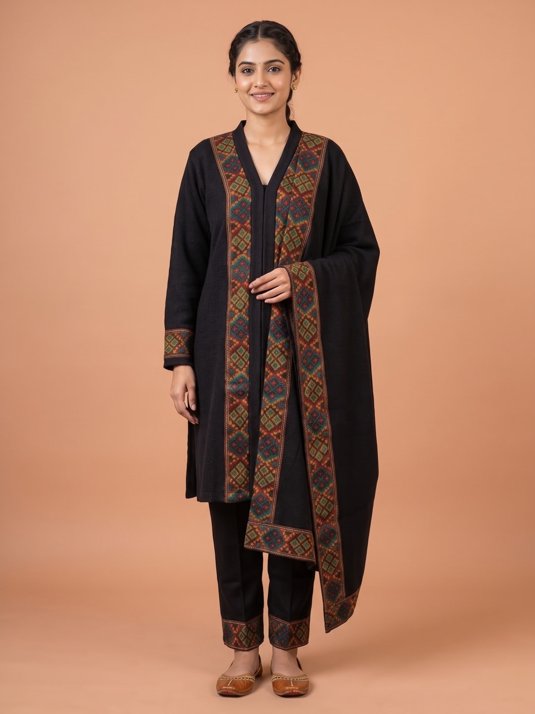 Peachmode Black Woolen Salwar Suit With Woven Border - Image 1