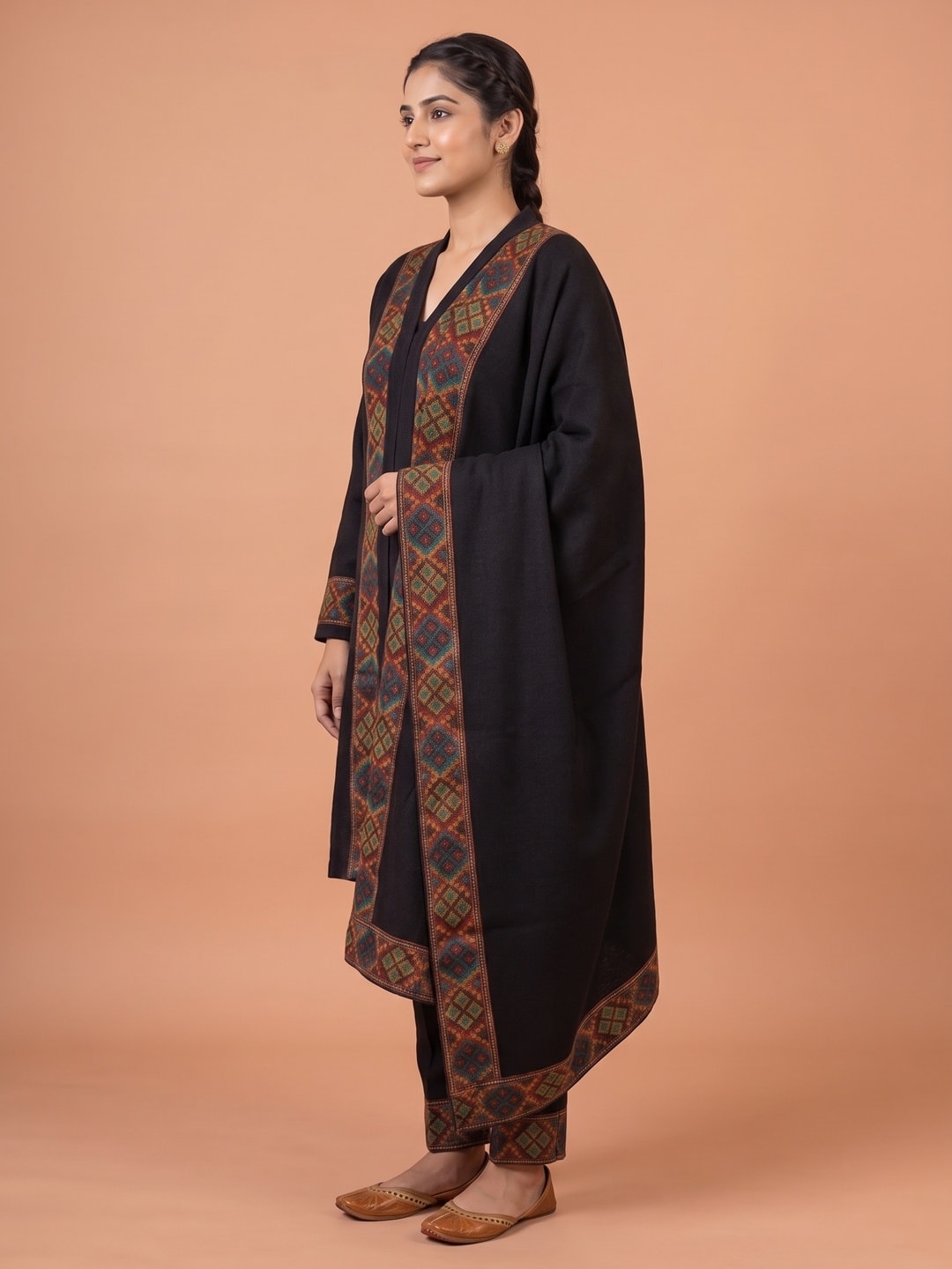 Peachmode Black Woolen Salwar Suit With Woven Border - Image 3