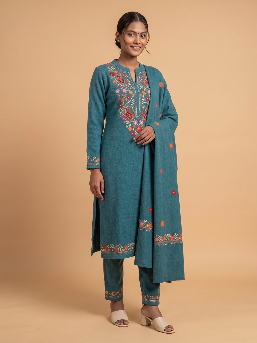 Peachmode Teal Woolen Salwar Suit With Floral Embroidery - Image 1