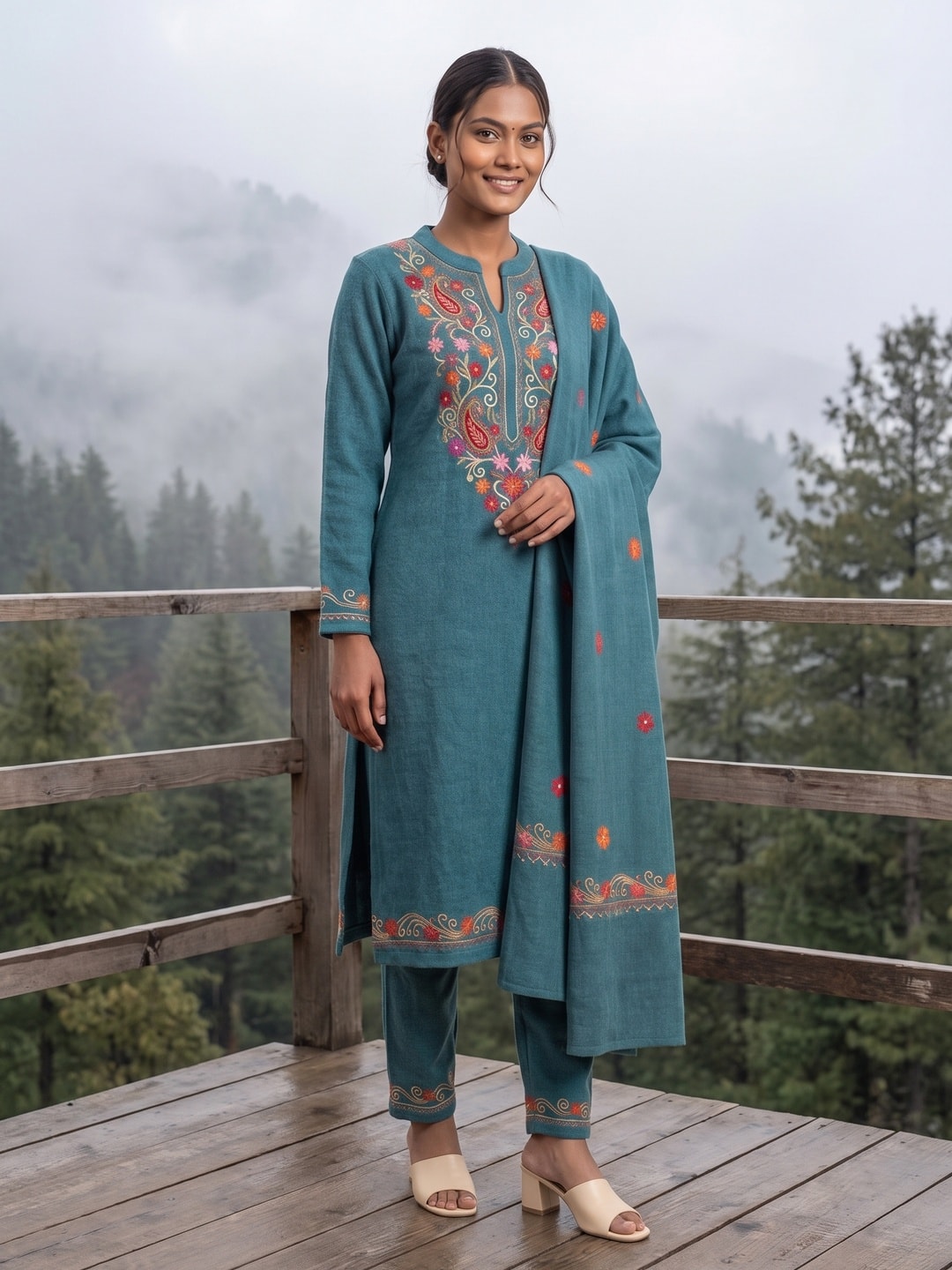 Peachmode Teal Woolen Salwar Suit With Floral Embroidery - Image 2