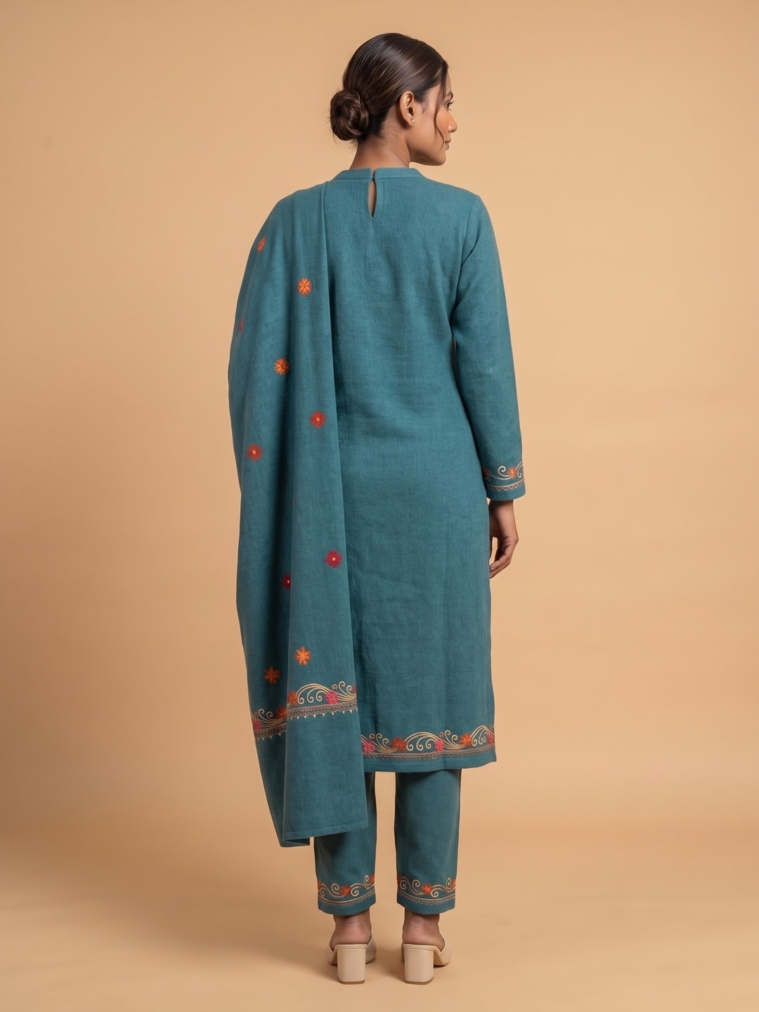 Peachmode Teal Woolen Salwar Suit With Floral Embroidery - Image 4