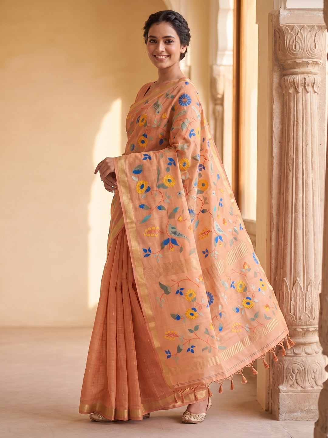 Peachmode Peach Jamdani Silk Floral Woven Saree - Image 1