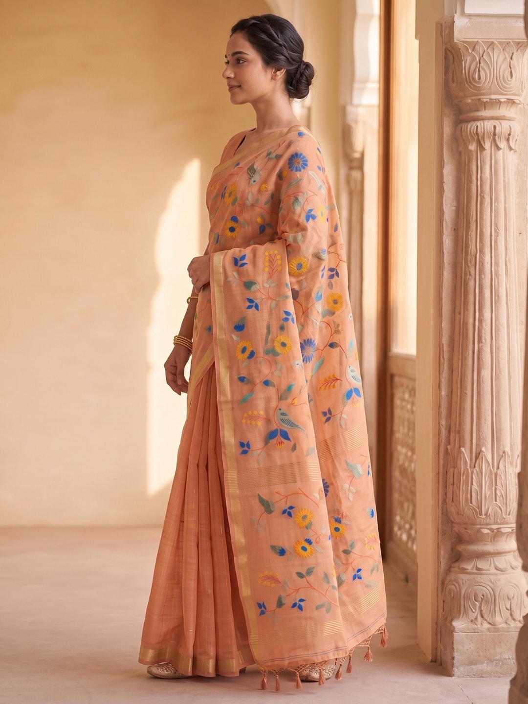 Peachmode Peach Jamdani Silk Floral Woven Saree - Image 3
