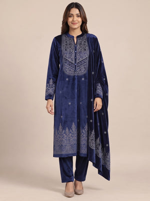 Peachmode Navy Blue Velvet Embroidered Salwar Suit - Image 1