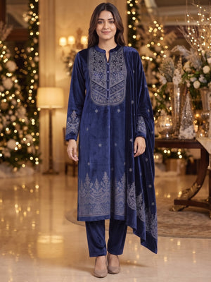 Peachmode Navy Blue Velvet Embroidered Salwar Suit - Image 2