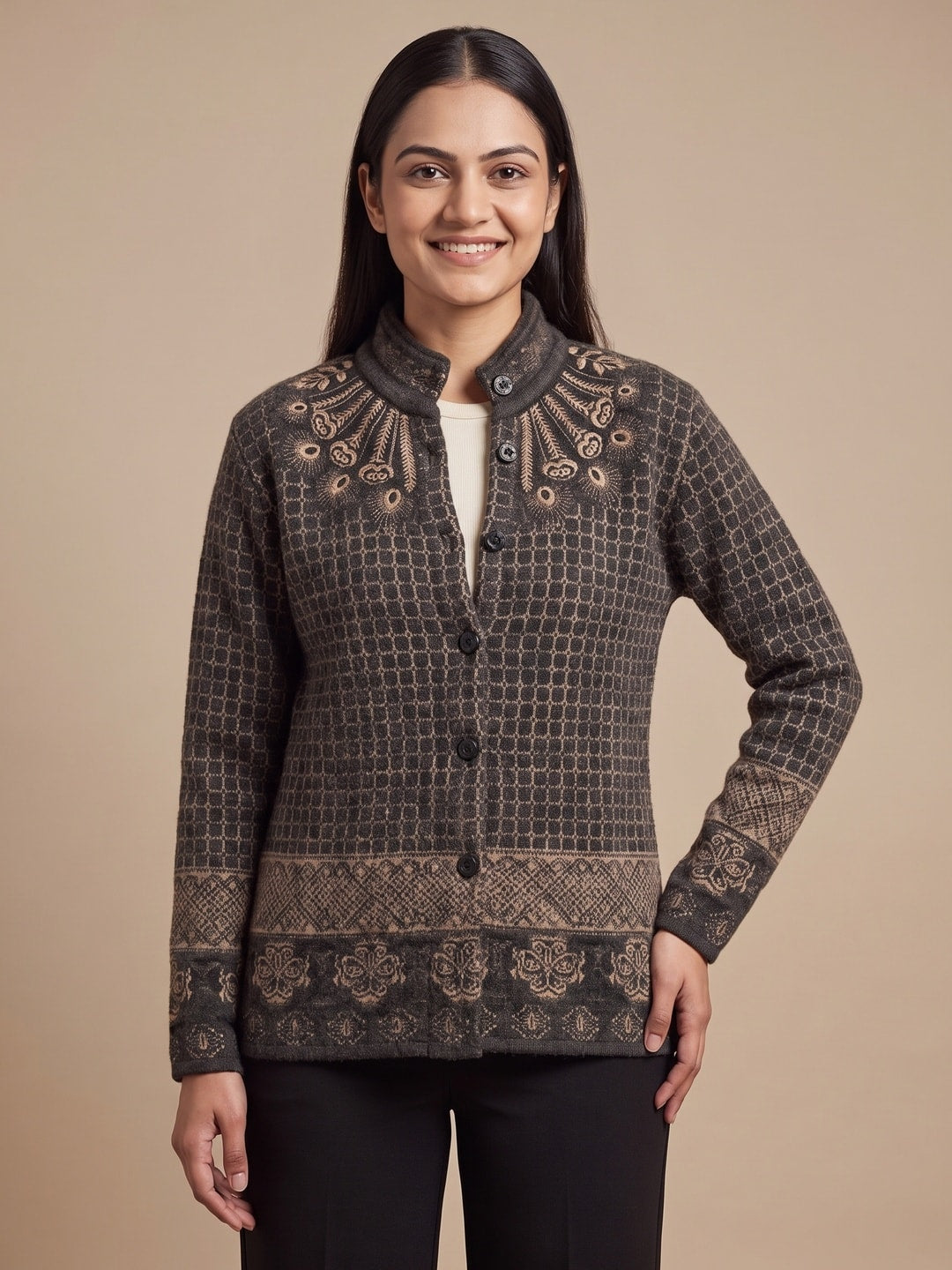 Peachmode Black Lattice Jacquard Woolen Cardigan - Image 1