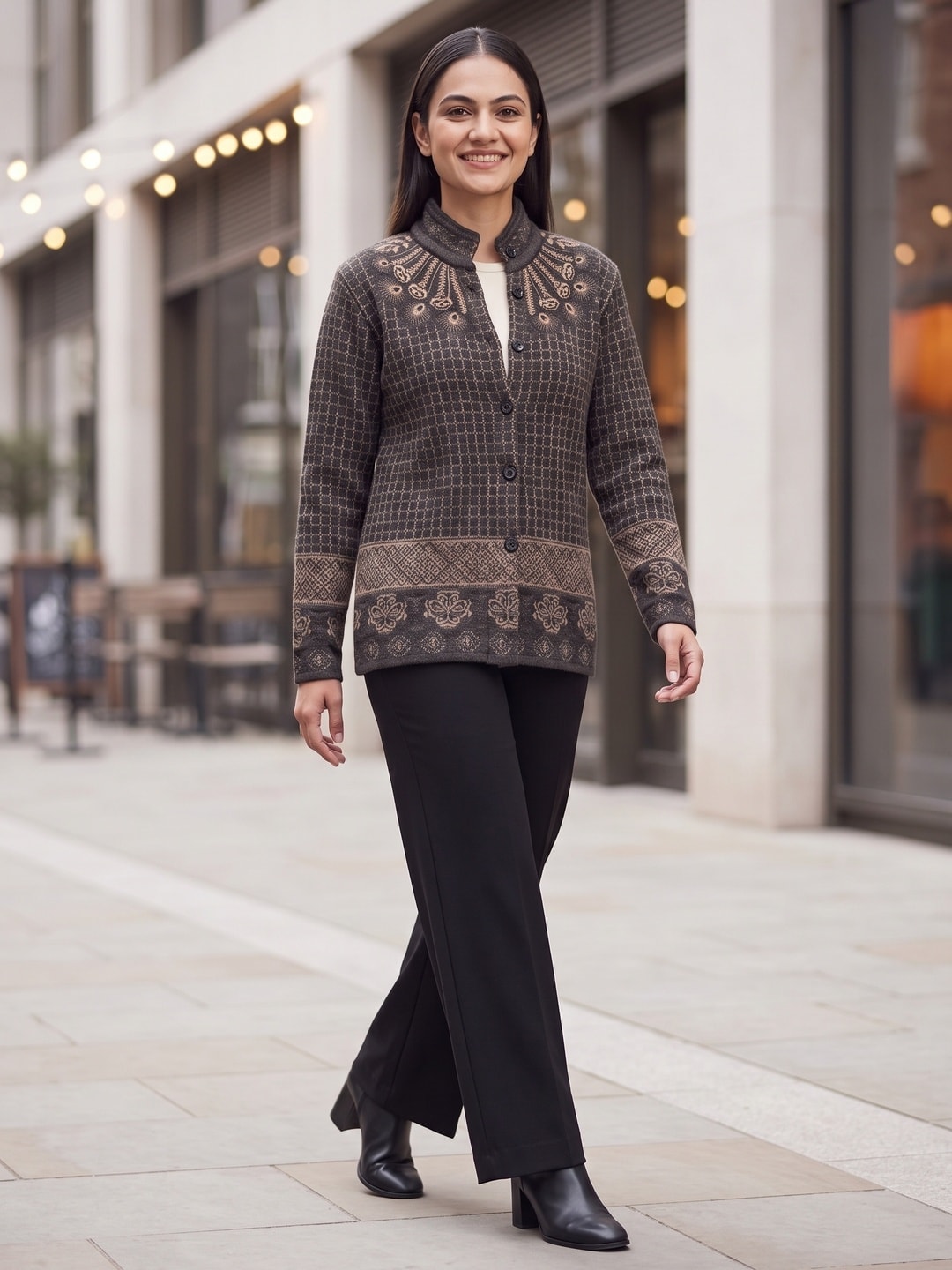 Peachmode Black Lattice Jacquard Woolen Cardigan - Image 2