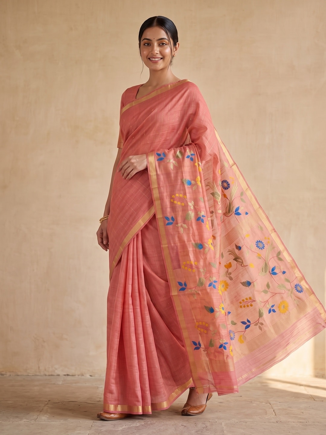 Peachmode Coral Jamdani Silk Floral Woven Saree - Image 1