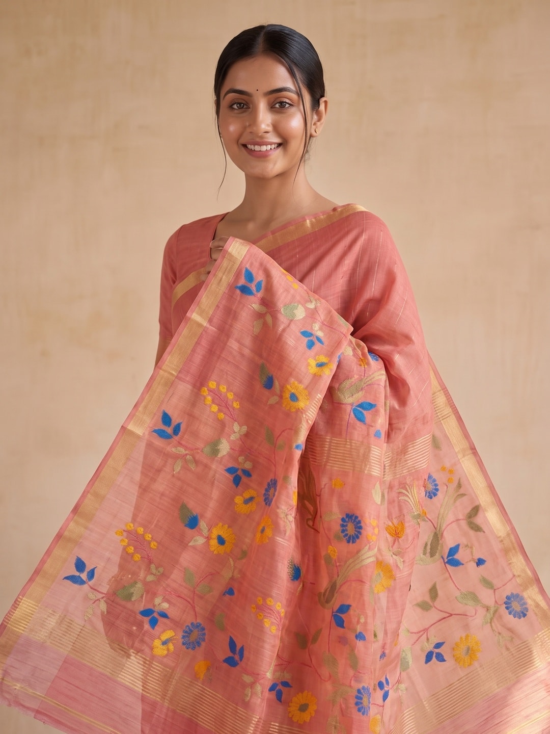Peachmode Coral Jamdani Silk Floral Woven Saree - Image 5