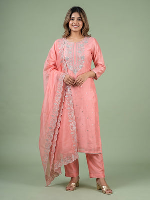 Peachmode Pink Silk Blend Embroidered Salwar Suit Set - Image 1