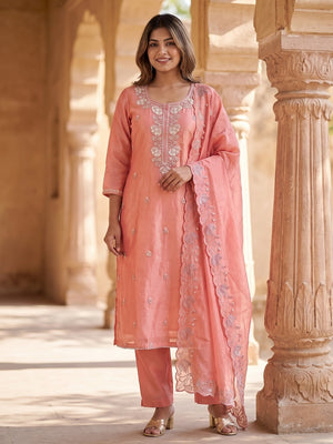 Peachmode Pink Silk Blend Embroidered Salwar Suit Set - Image 2