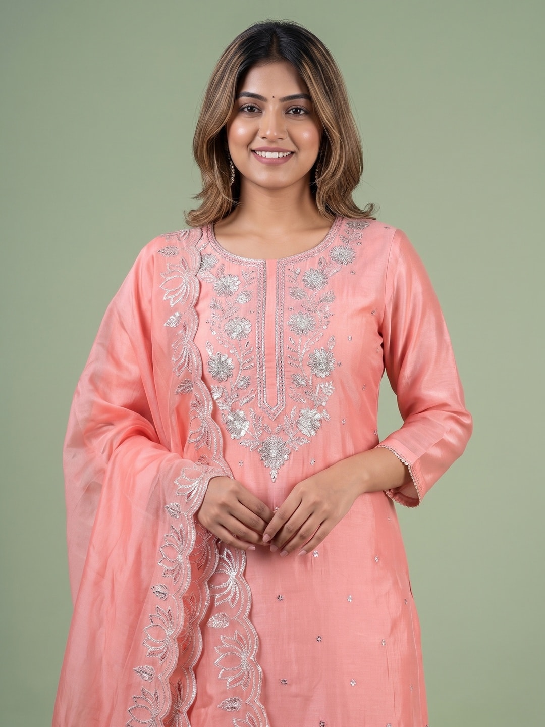 Peachmode Pink Silk Blend Embroidered Salwar Suit Set - Image 5