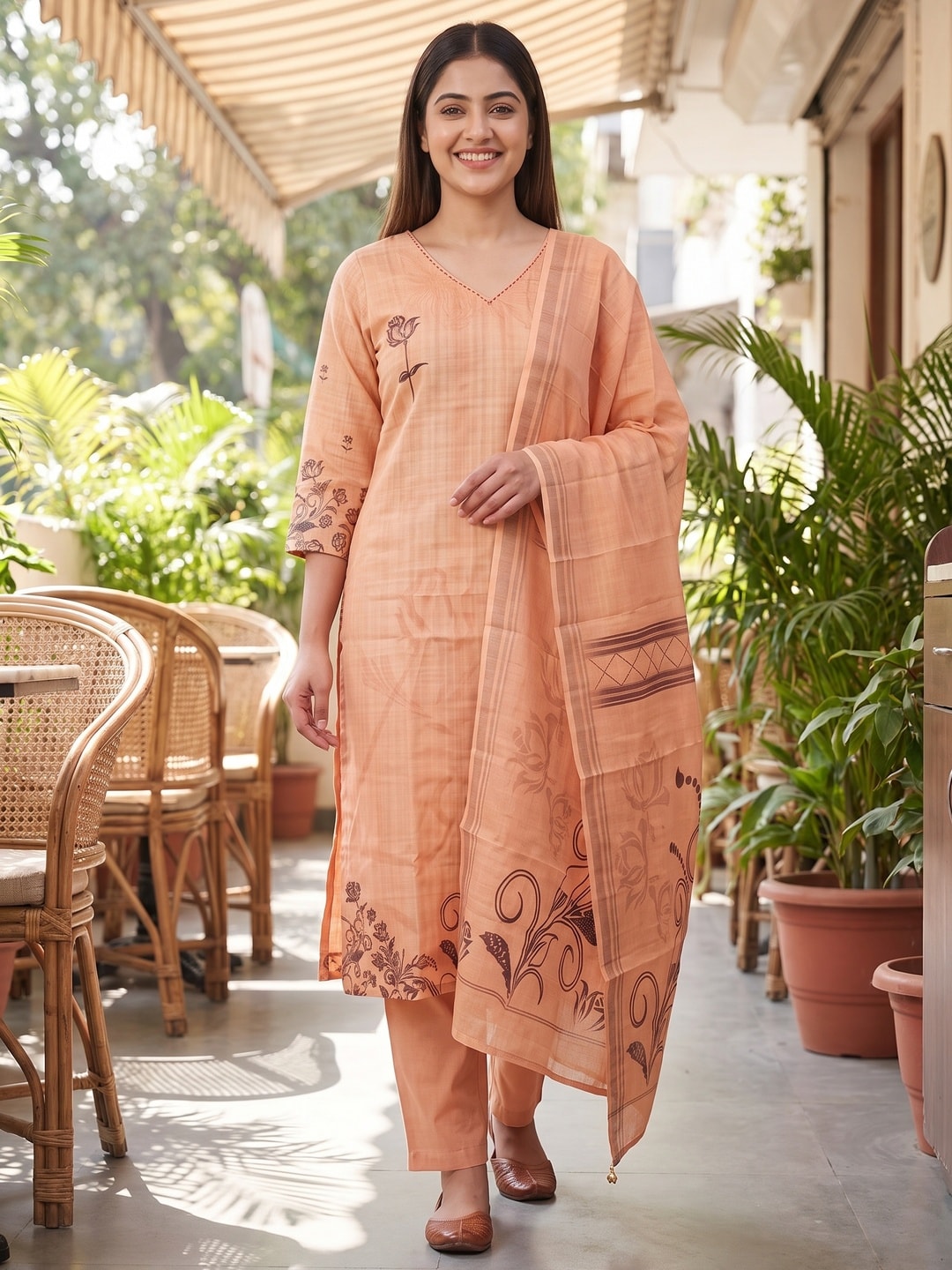 Peachmode Peach Linen Cotton Digital Printed Salwar Suit Set - Image 2