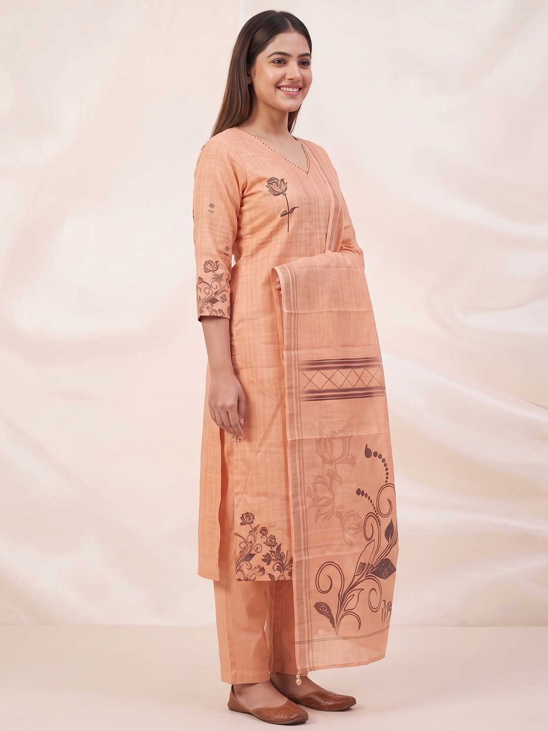 Peachmode Peach Linen Cotton Digital Printed Salwar Suit Set - Image 3