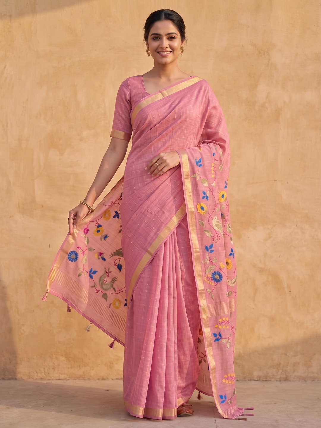 Peachmode Pink Jamdani Silk Floral Woven Saree - Image 1