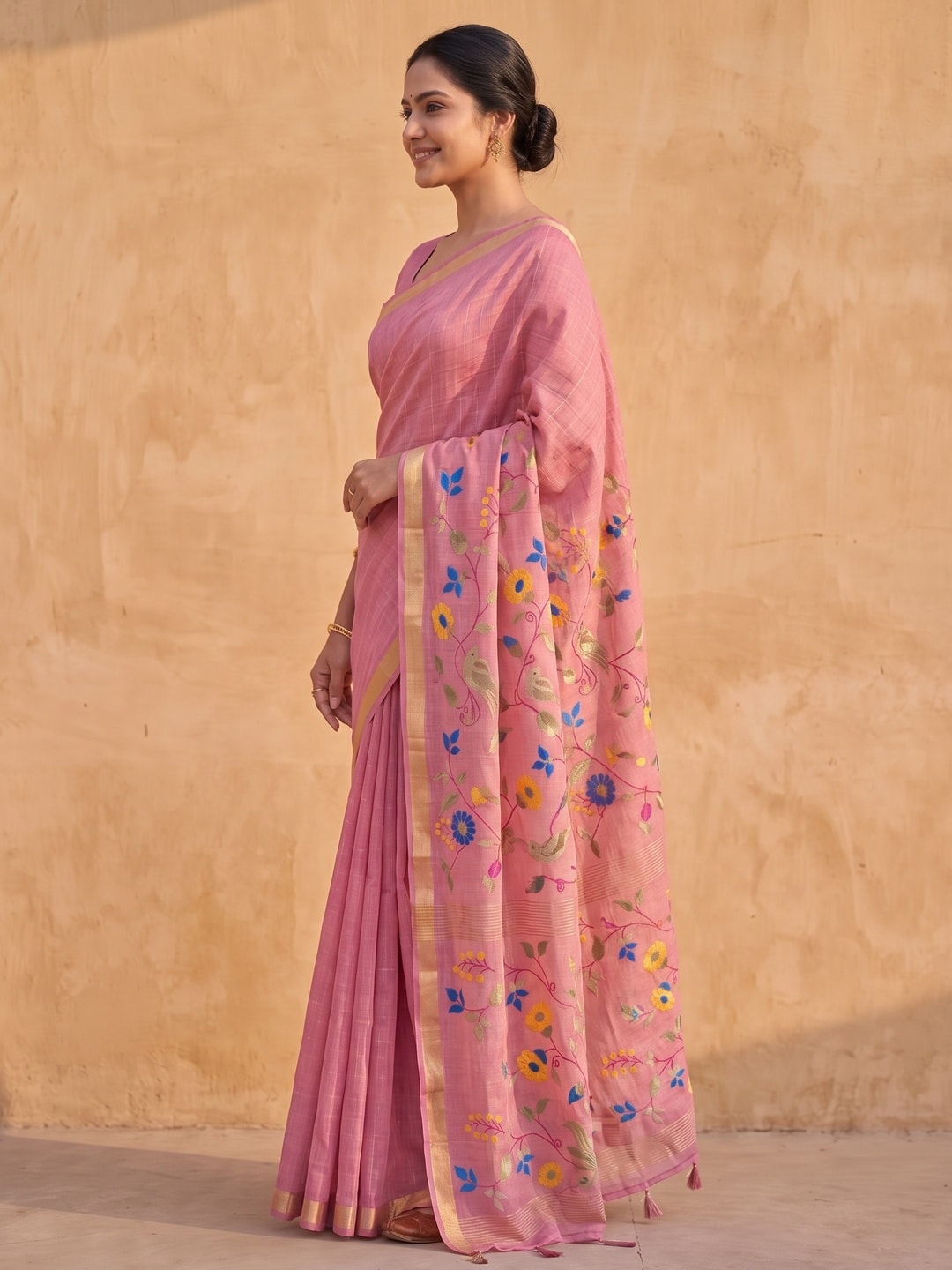 Peachmode Pink Jamdani Silk Floral Woven Saree - Image 3