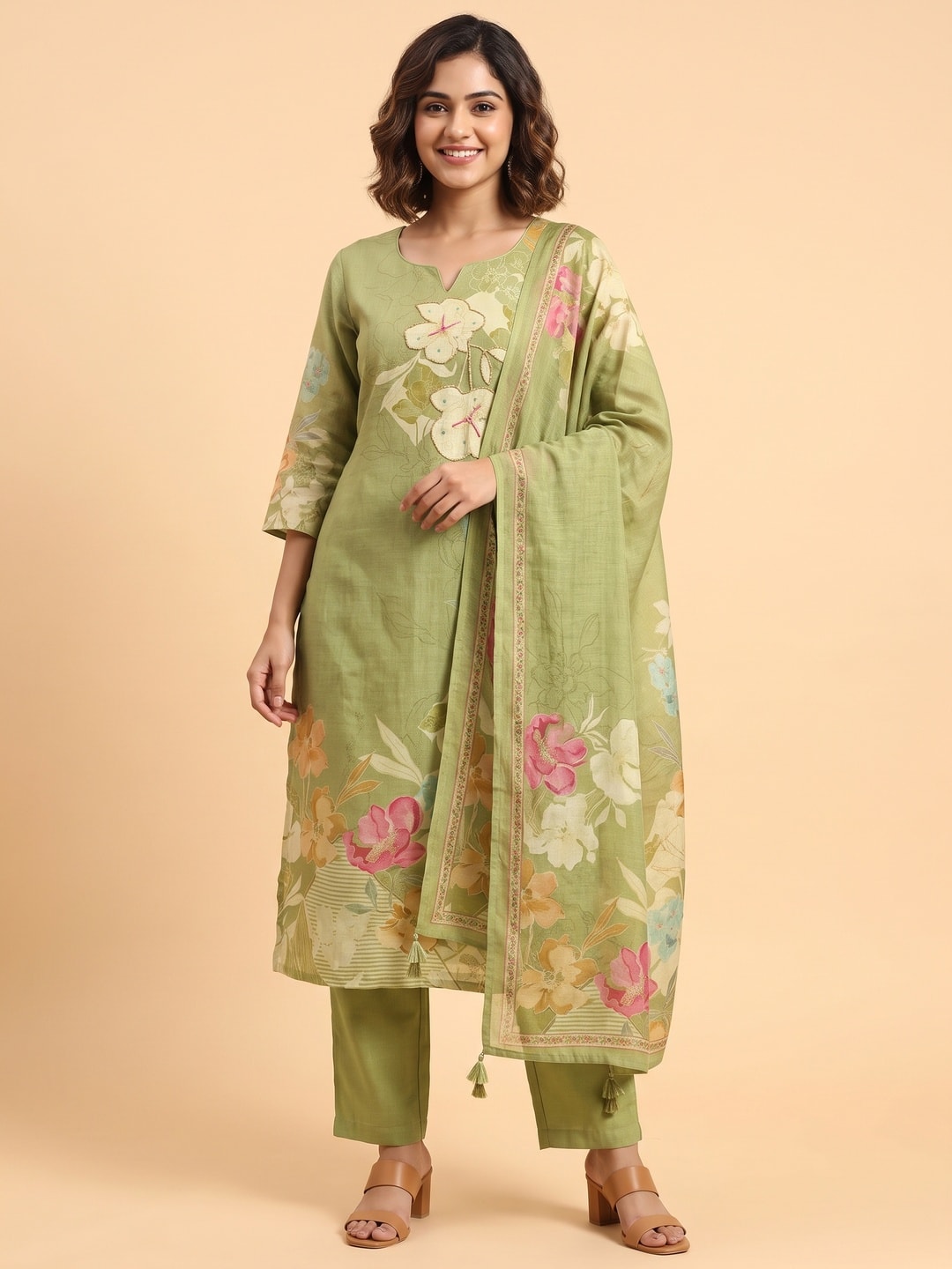 Peachmode Olive Floral Print Cotton Linen Salwar Suit with Dupatta - Image 1