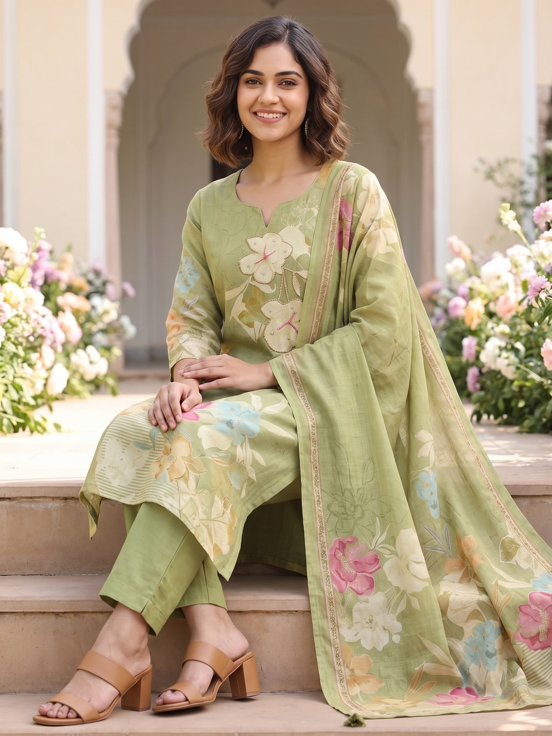 Peachmode Olive Floral Print Cotton Linen Salwar Suit with Dupatta - Image 2