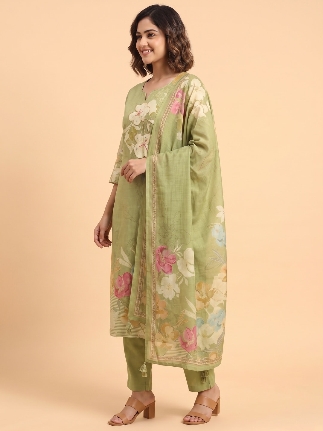 Peachmode Olive Floral Print Cotton Linen Salwar Suit with Dupatta - Image 3