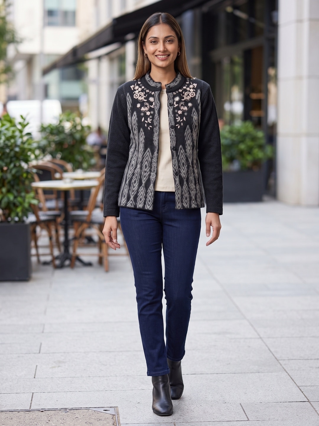 Peachmode Black Woolen Embroidered Cardigan - Image 2