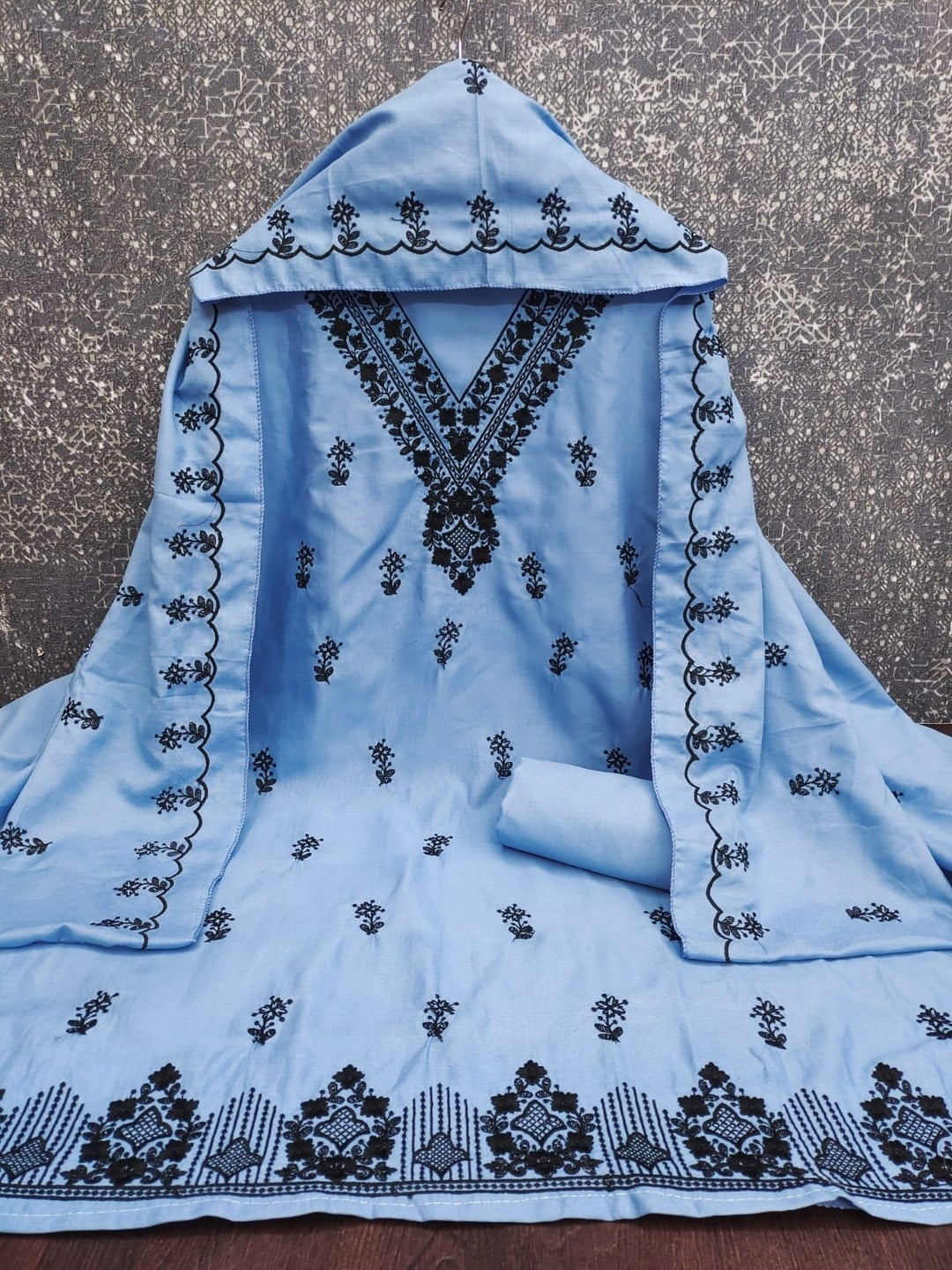 Peachmode Sky Blue Poly Rayon Unstitched Dress Material With Black Thread Embroidered V Neck And Daman Work And Embroidered Dupatta - Image 4