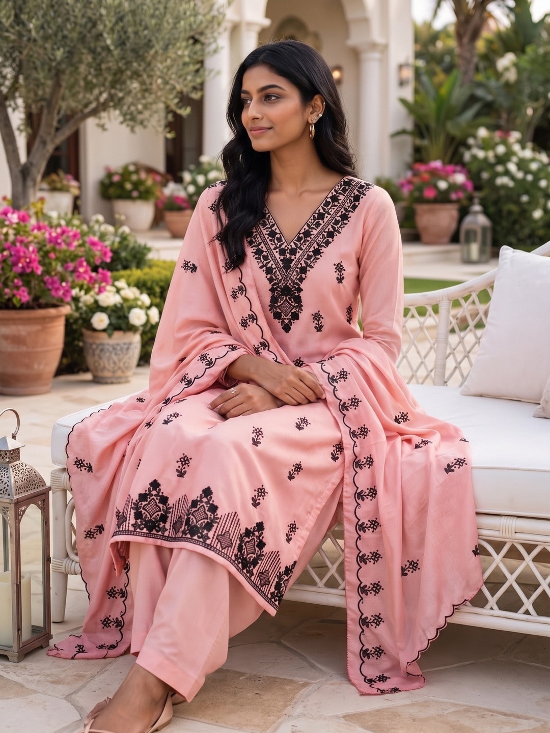 Peachmode Pink Poly Rayon Unstitched Dress Material With Black Thread Embroidered V Neck And Daman Work And Embroidered Dupatta - Image 3