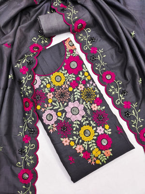 Peachmode Grey Parampara Silk Unstitched Dress Material With Multicolour Floral Sequence Mirror Work And Scalloped Embroidered Dupatta - Image 1