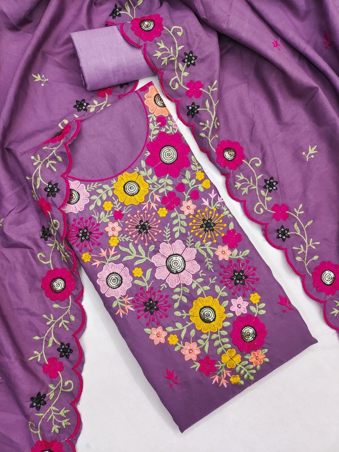 Peachmode Mauve Parampara Silk Unstitched Dress Material With Multicolour Floral Sequence Mirror Work And Scalloped Embroidered Dupatta - Image 1