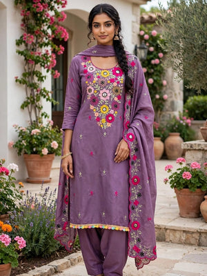 Peachmode Mauve Parampara Silk Unstitched Dress Material With Multicolour Floral Sequence Mirror Work And Scalloped Embroidered Dupatta - Image 2