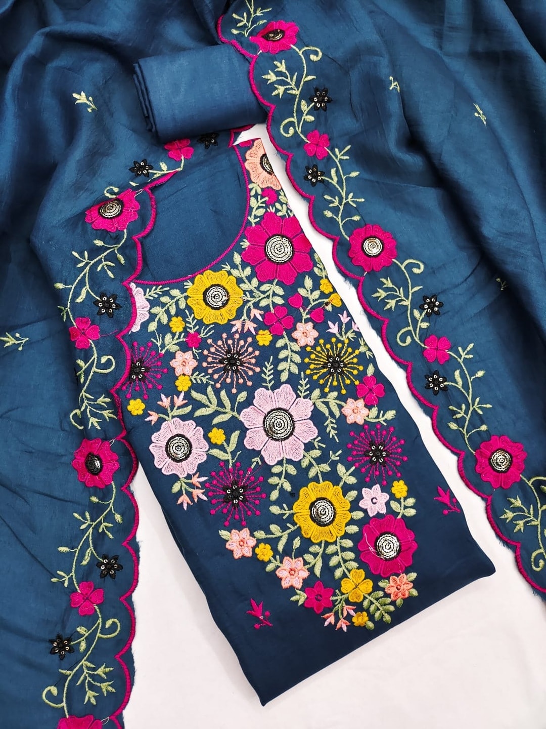 Peachmode Teal Parampara Silk Unstitched Dress Material With Multicolour Floral Sequence Mirror Work And Scalloped Embroidered Dupatta - Image 1