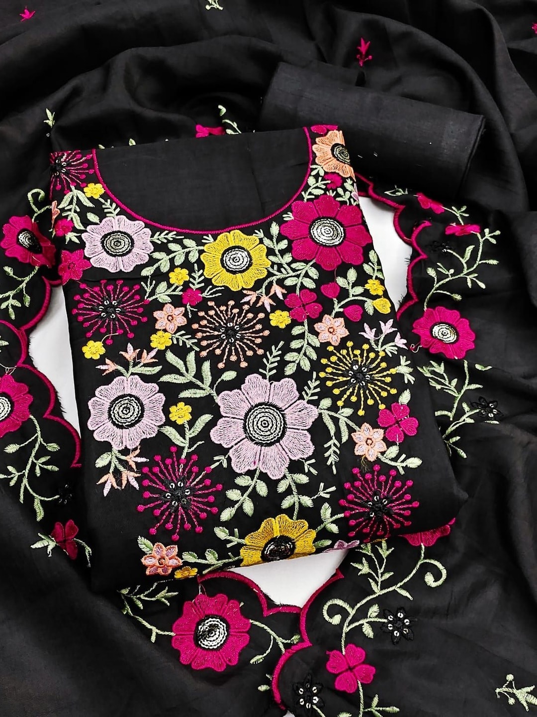 Peachmode Black Parampara Silk Unstitched Dress Material With Multicolour Floral Sequence Mirror Work And Scalloped Embroidered Dupatta - Image 4