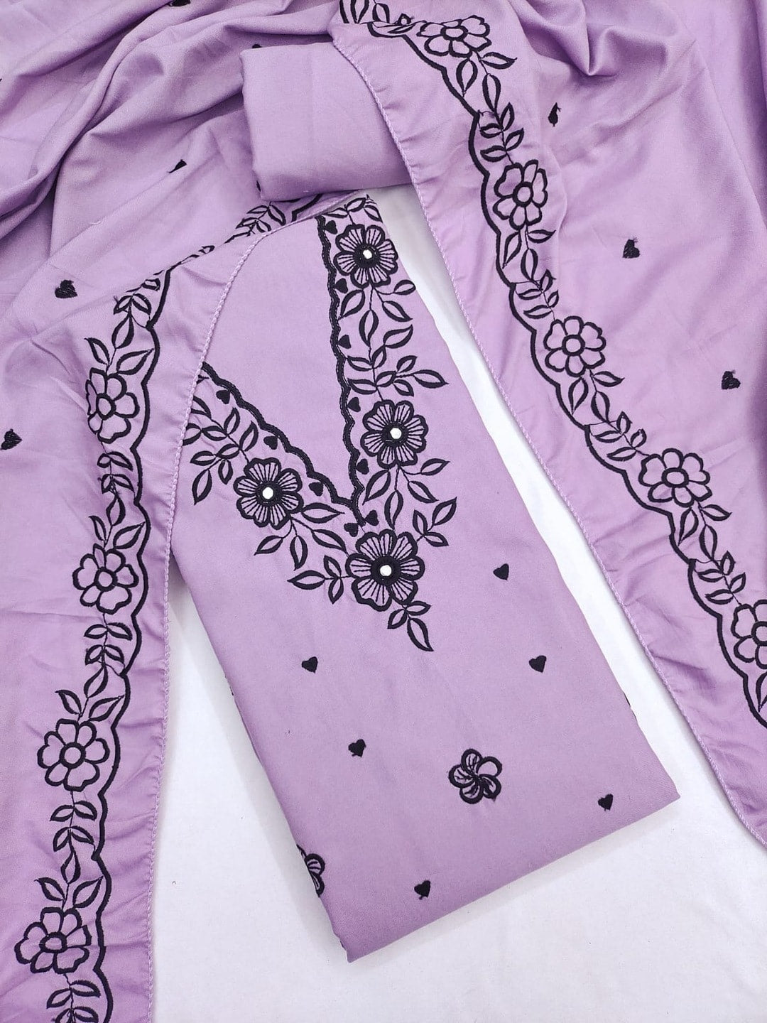 Peachmode Lavender Poly Rayon Unstitched Dress Material With Black Floral Embroidered Neck And Daman Work And Embroidered Dupatta - Image 5