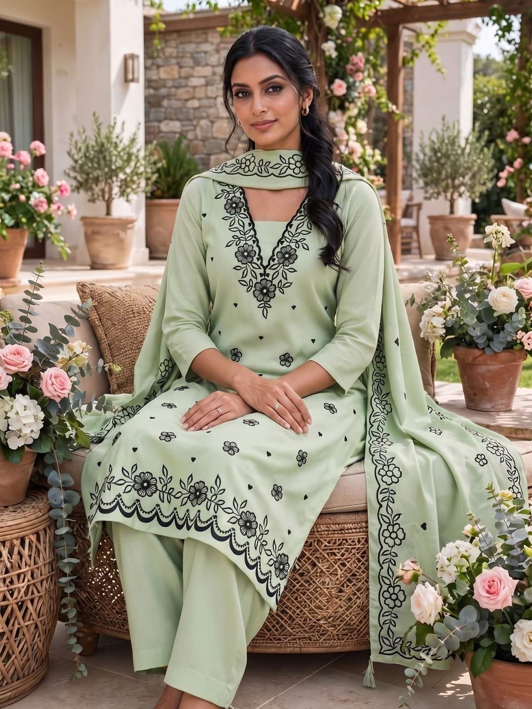 Peachmode Light Green Poly Rayon Unstitched Dress Material With Black Floral Embroidered Neck And Daman Work And Embroidered Dupatta - Image 3