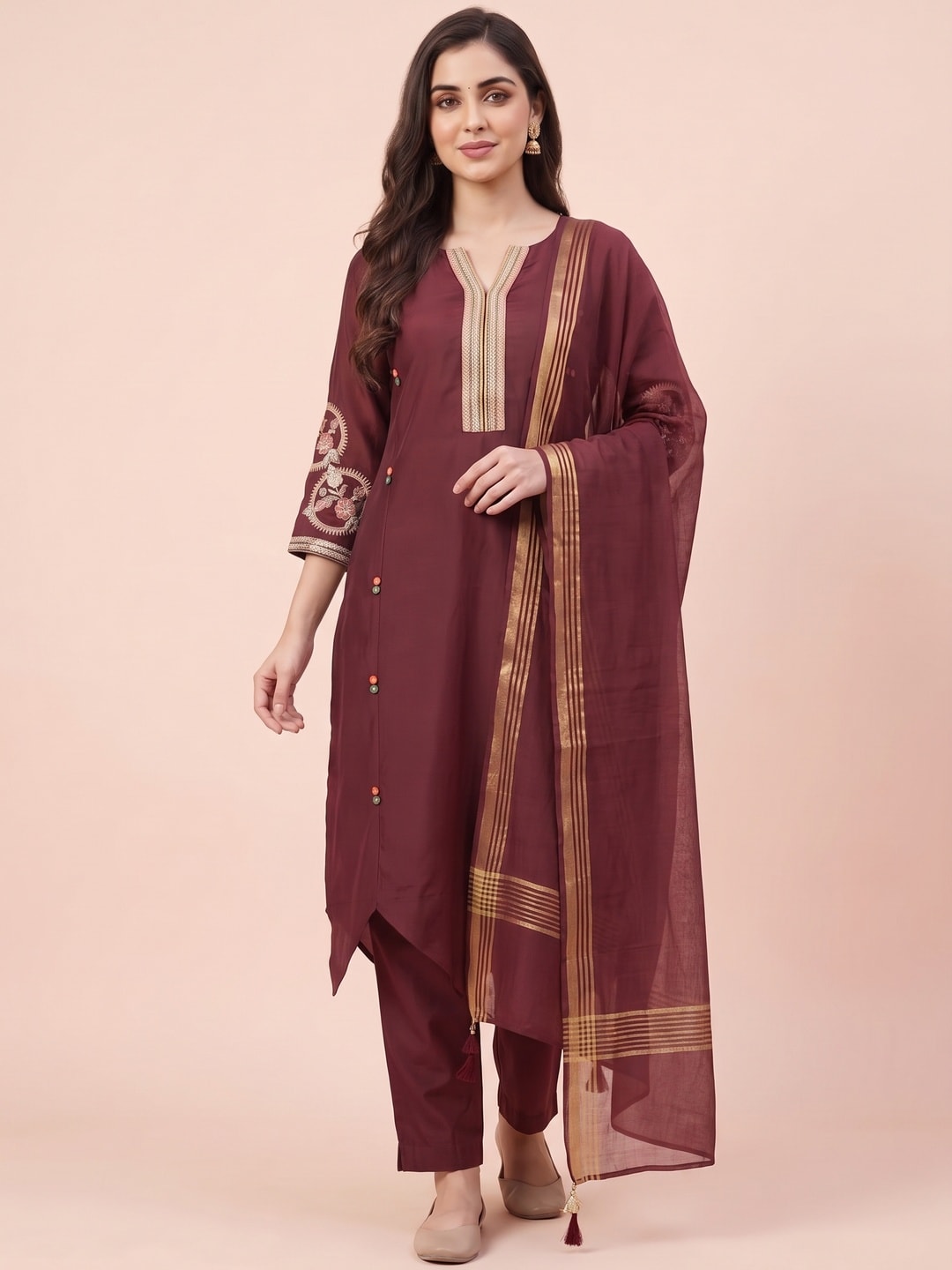 Peachmode Maroon Chanderi Silk Salwar Suit With Embroidered V Placket - Image 1